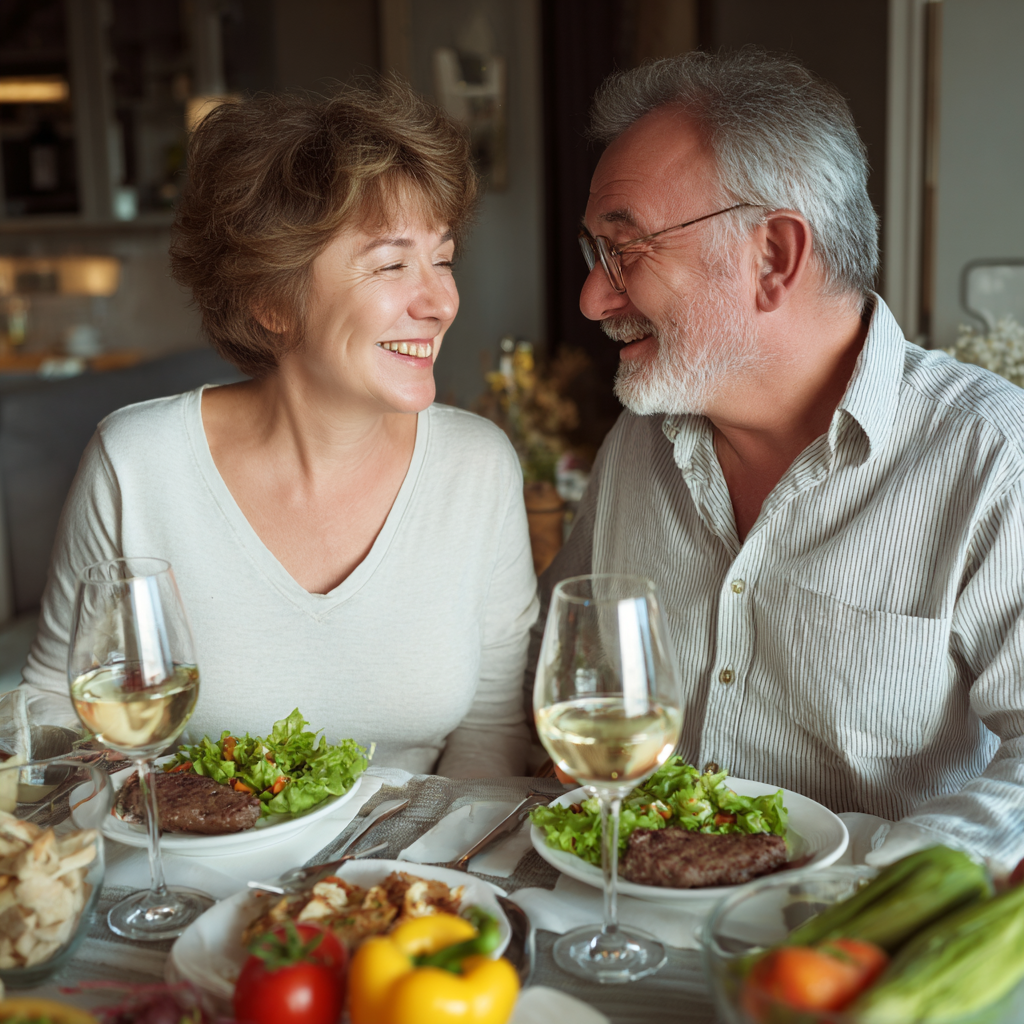 Happy mature family enjoying healthy meal together at dining table