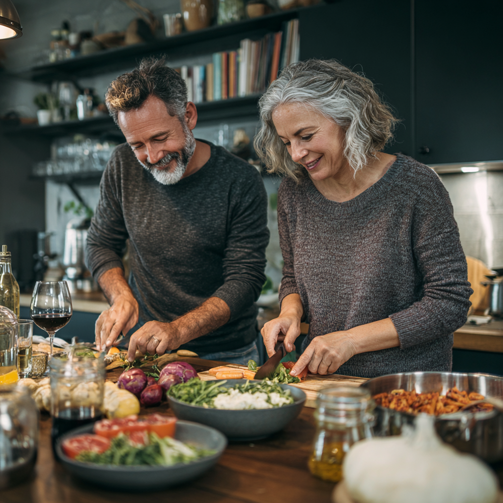 Middle-aged adults preparing healthy meals together in modern kitchen